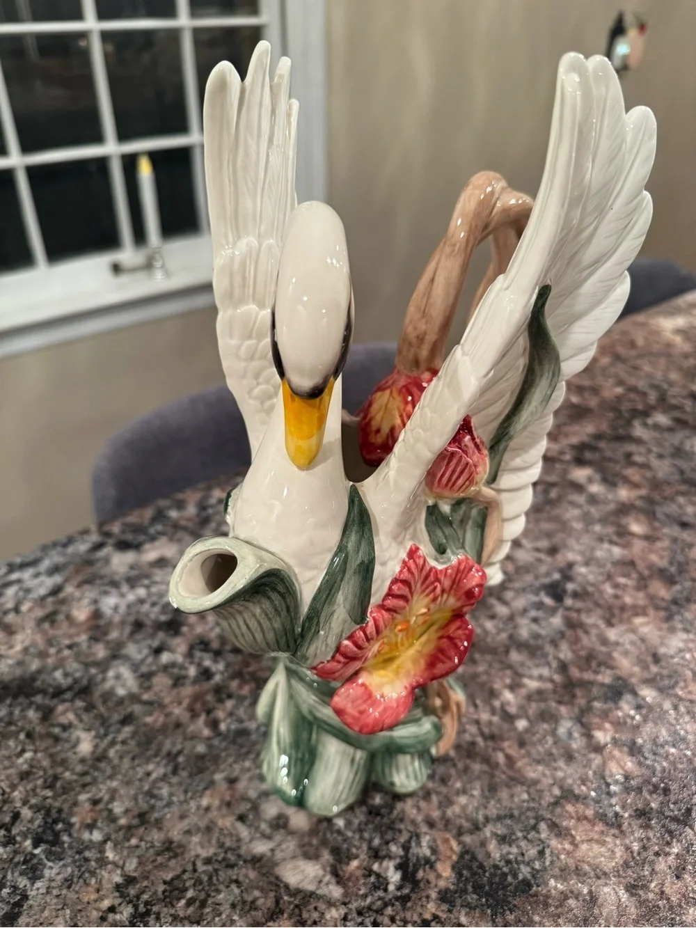 Fitz and Floyd 1995 White Swan Ceramic Pitcher with Multicolor Floral Accents
